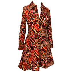 Red and orange graphic print vintage 1970s fit and flare day dress