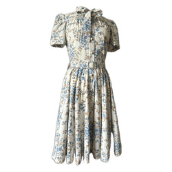 Cream and blue cotton vintage 1950s-does-1950s belted day dress