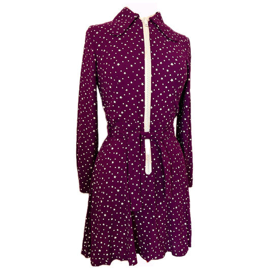 Claret rayon crepe star print 1970s belted mini dress with chunky zips