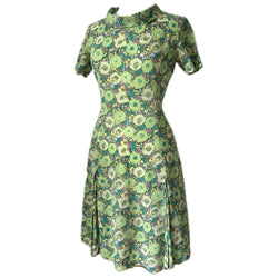 Abstract rose print vintage 1960s green mini dress