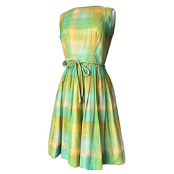 Green and yellow check vintage 1950s belted day dress