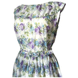 Purple and blue floral print nylon belted 1950s day dress