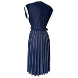 Navy blue and white late 1970s accordian pleated day dress
