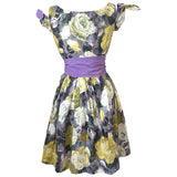 Lavender, yellow and grey cotton rose print vintage 1950s split sleeve day dress