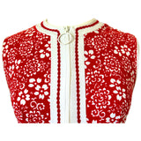 Red and white floral vintage 1960s jersey mini dress with ring pull zip