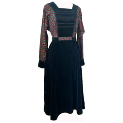Black cotton velvet floral vintage 1970s folky midi dress