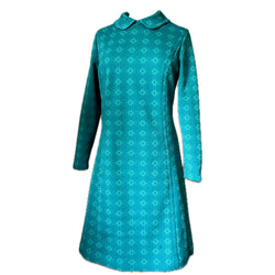 Mod vintage 1960s Peter Pan collar day dress in teal and green