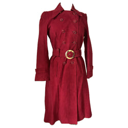 Cranberry red nubuck suede vintage double breasted 1960s coat with circle buckle