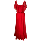 Stunning red pleated chiffon 1970s disco era Marcel Fenez evening dress
