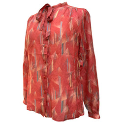 Londonpride pussybow collar deco print 1970s coral blouse