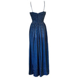 Midnight blue and silver lurex 1970s drape bodice evening dress
