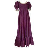 Quad lace trimmed vintage dramatic 1960s puff sleeved purple maxi dress