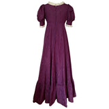 Quad lace trimmed vintage dramatic 1960s puff sleeved purple maxi dress