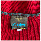 Red and green acrylic knit 1970s frill trim peplum waist top