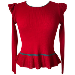 Red and green acrylic knit 1970s frill trim peplum waist top