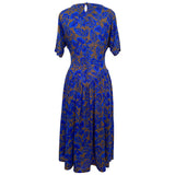 Cobalt blue and taupe floral vintage 1980s jersey day dress