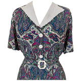 Vintage 1940s belted paisley cotton day dress with contrast collars