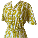 Mustard yellow and white vintage 1940s cotton floral belted day dress