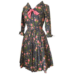 Melbray grey and pink rose print cotton 1950s day dress
