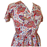 Paisley cotton red and white vintage 1940s printed day dress