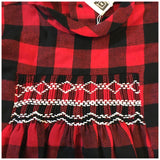Red and black plaid 1960s baby girls smocked panel dress