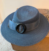 1940s navy blue delicately woven vintage boater hat with buckle