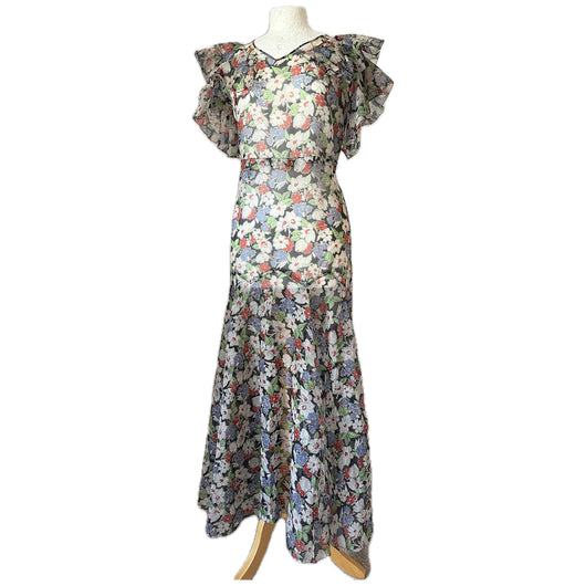 Authentic vintage 1930s Art Deco flutter sleeved floral chiffon evening dress