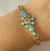Mid-century turquoise glass and clear rhinestone cup-chain vintage bracelet
