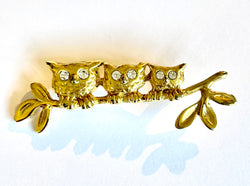 Owls on a branch goldtone vintage brooch