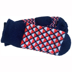 Navy, red and white acrylic knit 1970s graphic pattern mittens