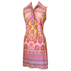 Psychedelic pink and yellow vintage 1960s nylon sleeveless day dress
