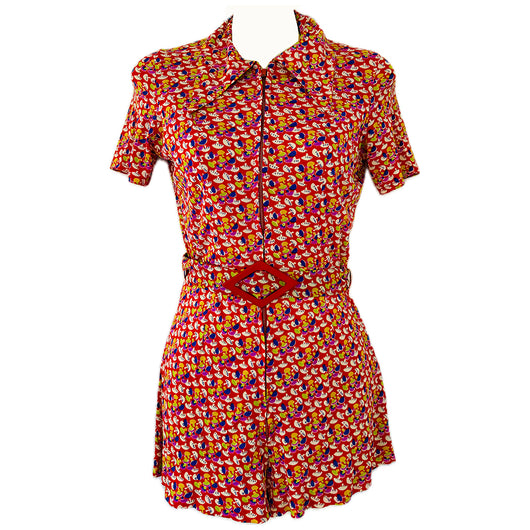 Novelty mushroom print 1970s nylon hotpants playsuit