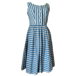 Folky floral border print stripe 1950s summer day dress