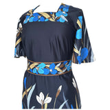 Navy blue iris floral print vintage 1970s maxi dress