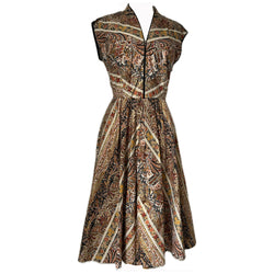 Boho vintage 1970s brown and gold cotton border print day dress