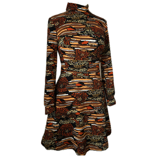 Robe de jour vintage à imprimé abstrait marron et orange des années 1970