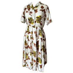 Brown and yellow rose print vintage 1950s shirtwaister day dress
