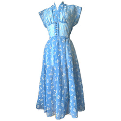 Cornflower blue flocked velvet voile 1950s vintage dress