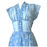 Cornflower blue flocked velvet voile 1950s vintage dress