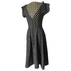 Black and tan floral cotton vintage 1970s contrast panel day dress