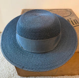 1940s navy blue delicately woven vintage boater hat with buckle