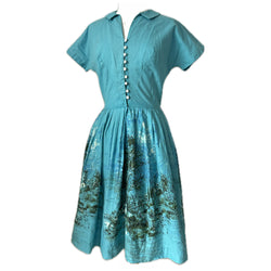 Turquoise cotton vintage 1950s scenic print day dress