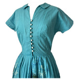 Turquoise cotton vintage 1950s scenic print day dress