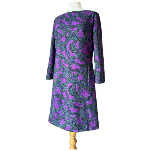 Psychedelic vintage 1960s printed silk mod shift dress by Colin Glascoe