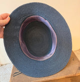 1940s navy blue delicately woven vintage boater hat with buckle