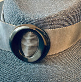 1940s navy blue delicately woven vintage boater hat with buckle