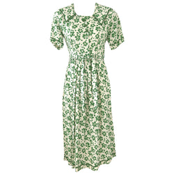 Unworn vintage 1940s green and white floral cotton belted day dress