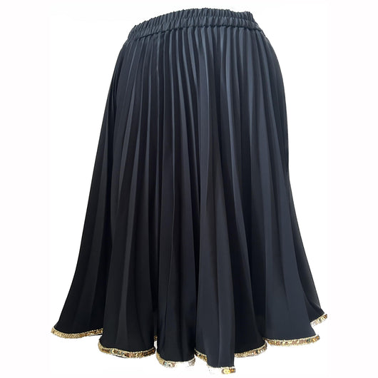 Black pleated 1980s full circle skirt with gold sequin trim