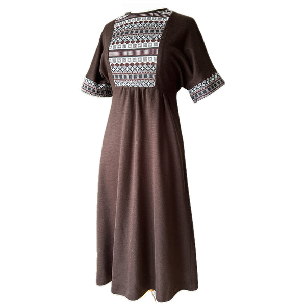 Folky vintage 1970s brown acrylic knit day dress with contrast panel - Candy Says Vintage Clothing UK