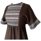 Folky vintage 1970s brown acrylic knit day dress with contrast panel